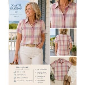 Pink Plaid Button Up Shirt 100% Cotton Cottagecore Casual 1X Soft Girl Preppy